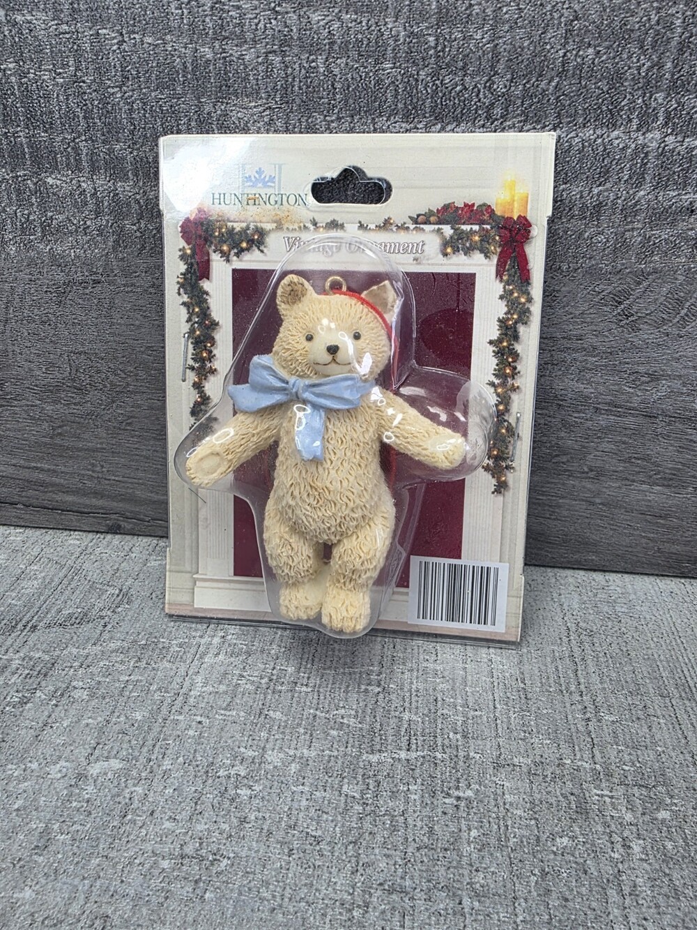 Huntington Vintage Ornament 3" Teddy Bear Figurine With Blue Bow New G37e
